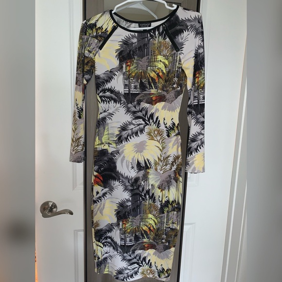 Topshop Women’s Bodycon Dress Size S Palm City Print Long Sleeve Midi - Picture 3 of 5